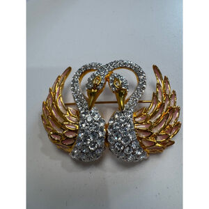 Vintage Nolan Miller 2 intertwined Swans Brooch Gold pink rhinestones